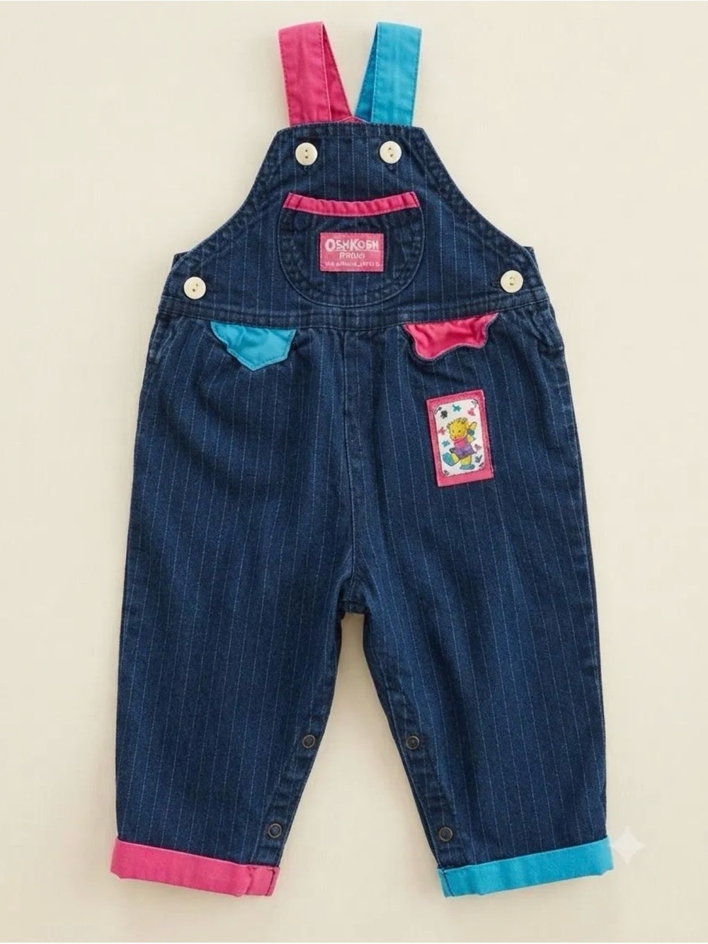 OshKosh B'gosh Navy Pinstripe Overalls with Pink & Teal Colourblock